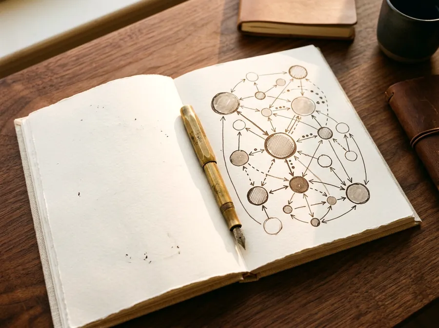 Strategy notebook with a positioning sketch and a brass pen.
