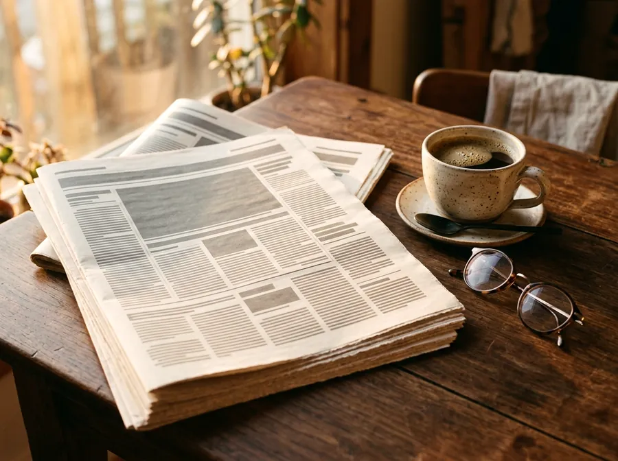 A stack of printed broadsheet pages with coffee and reading glasses.
