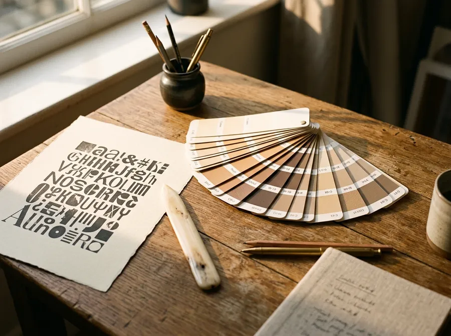 Colour swatch cards and a type specimen on the studio table.