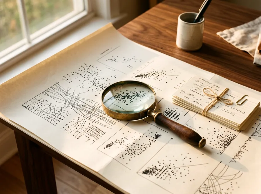 A magnifying glass over a sheet of hand-drawn charts.