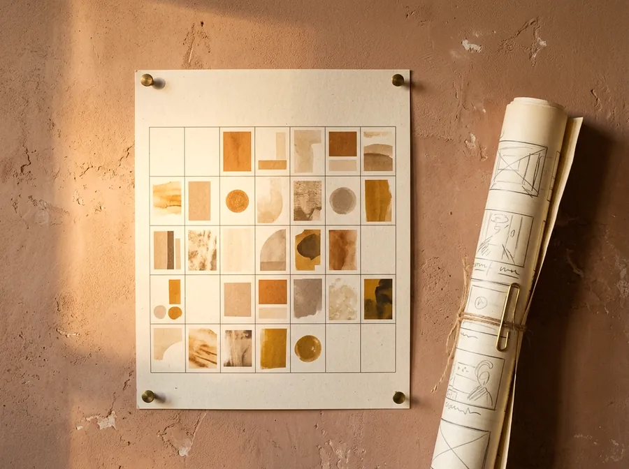 A campaign calendar with pinned blocks and a rolled storyboard.