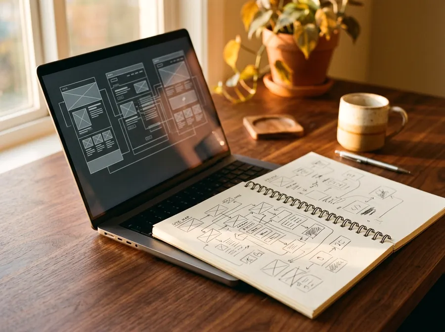 A laptop wireframe beside a hand-drawn site map.